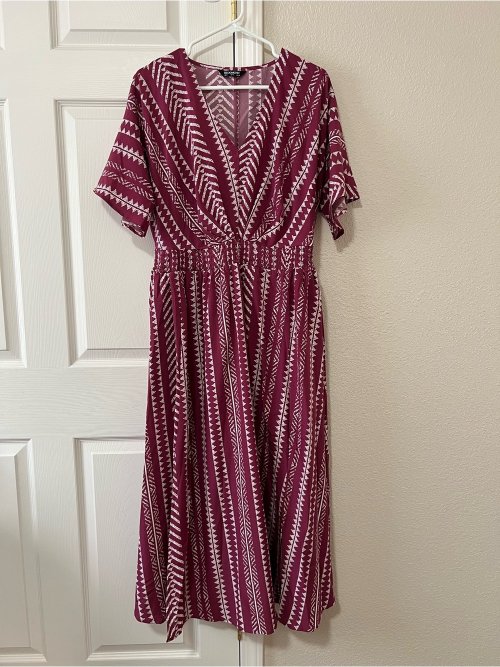 BloomChic Boho Midi Dress Pink Tribal Print Smocked Waist US Size 12